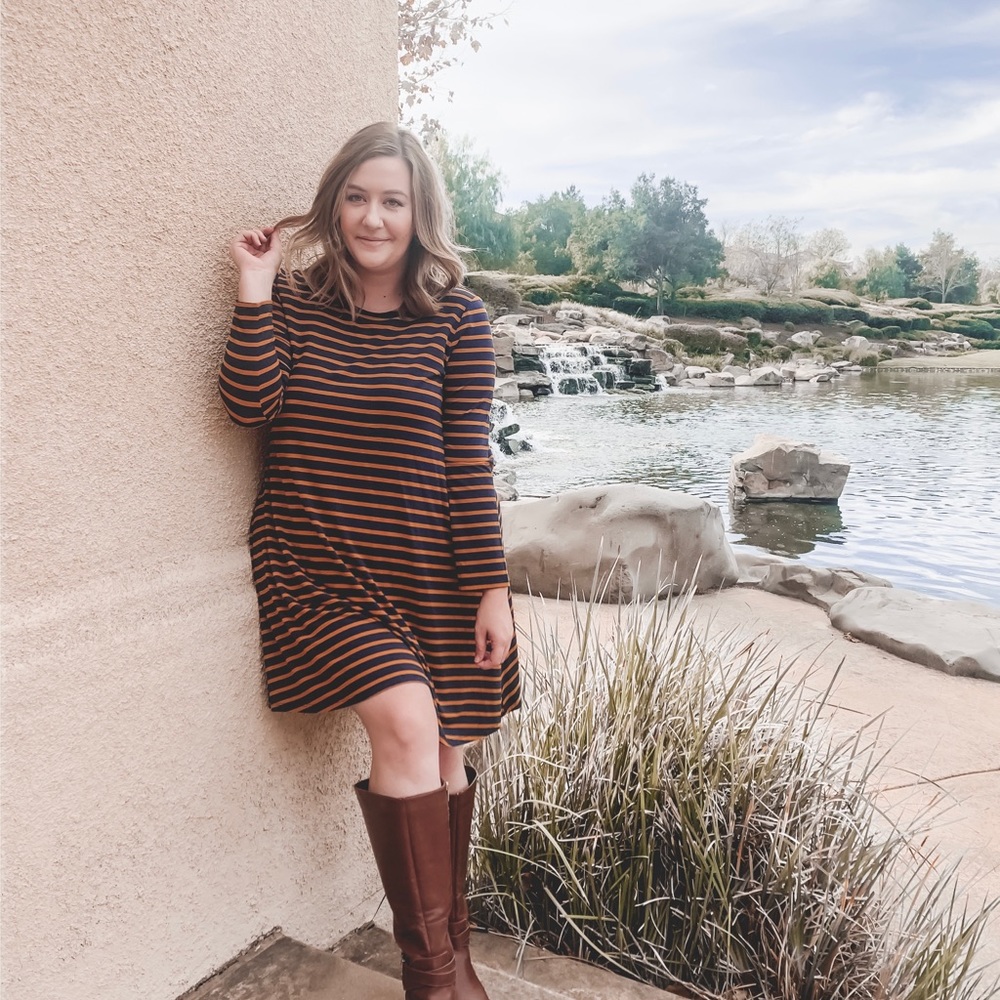 Navy blue and brown striped dress